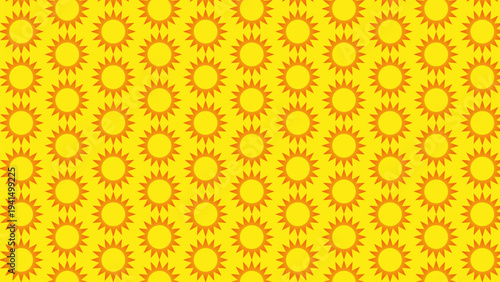 Seamless pattern of stylized yellow suns with orange rays on a bright yellow background, creating a cheerful and vibrant design.