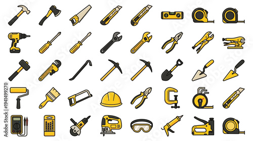 Construction tools mega icon pack with helmets drills and saws