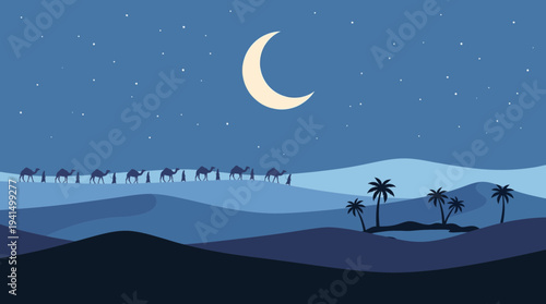 Desert night caravan silhouette with camels moon and dunes