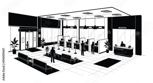 A stark black and white architectural rendering depicts a modern hotel lobby with figures showcased as a silhouette high quality professional detailed elegant