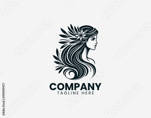 Elegant woman portrait with laurel crown and flower in clean modern decorative vector illustration