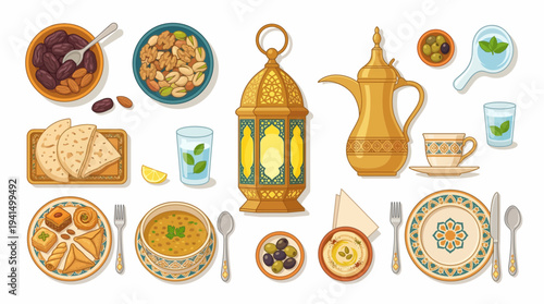 Ramadan iftar tableware set with lantern teapot bread and dishes