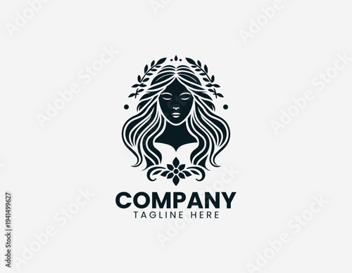 Elegant woman portrait with laurel crown and flower in clean modern decorative vector illustration