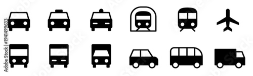 車・自動車・交通手段・乗り物の編集可能なライン線画アイコン白黒