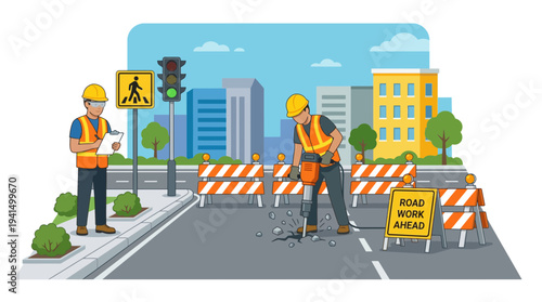 Urban road repair scene with warning sign barriers and crew