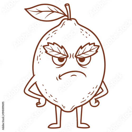 Angry Cartoon Lemon with Arms and Legs Standing Upright Frowning