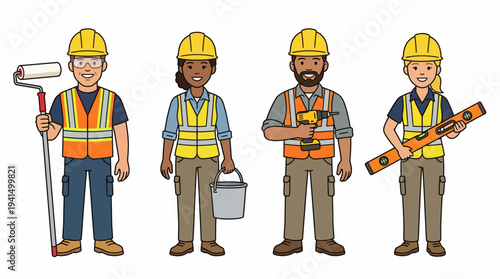 Construction worker team lineup with four builders and tools