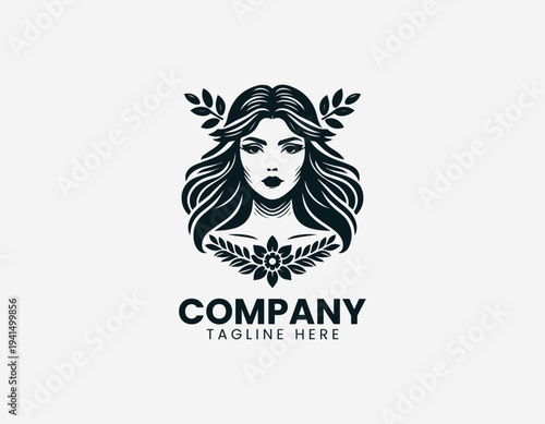 Elegant woman portrait with laurel crown and flower in clean modern decorative vector illustration