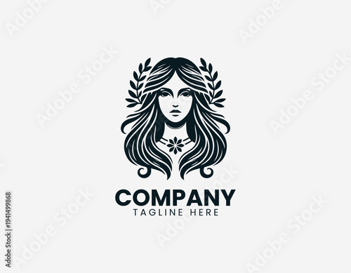 Elegant woman portrait with laurel crown and flower in clean modern decorative vector illustration