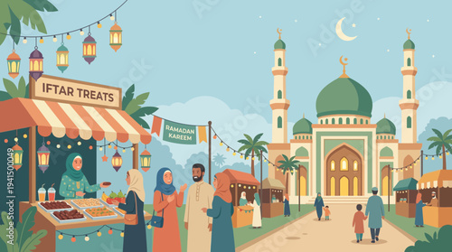 Iftar market scene near mosque with stalls lanterns and people