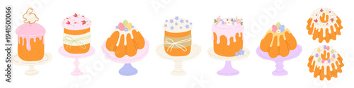 Easter cake set with traditional sweet bread, glazed kulich, festive pastries with icing and sprinkles. Doodle hand drawn illustration. Spring holiday bakery collection