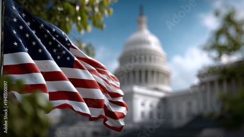 American flag waves near capitol building washington d.C. Photo urban setting close-up patriotism