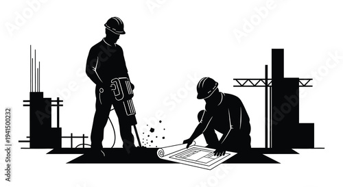 Construction workers operating machinery and reviewing blueprints against a backdrop of building structures a striking silhouette high quality professional detailed modern