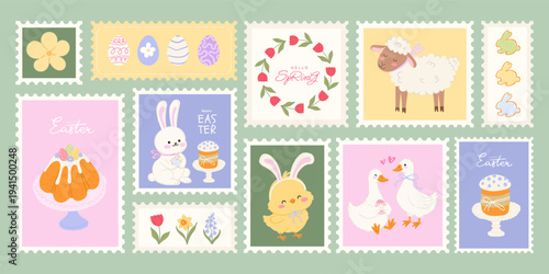 Easter postage stamp collection with bunny, lamb, chick, geese, spring flowers and traditional cakes in hand drawn doodle style. Vector design for greeting cards, invitations, scrapbooking, stickers