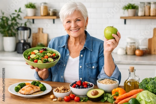 Smiling senior woman holding a fresh green apple and a colorful salad, surrounded by various nutritious ingredients, promoting a healthy and balanced lifestyle