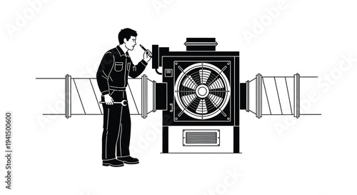 A technician in workwear inspects large hvac equipment with tools displayed in a striking silhouette high quality professional detailed modern elegant