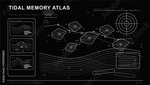 A high-tech digital user interface titled Tidal Memory Atlas