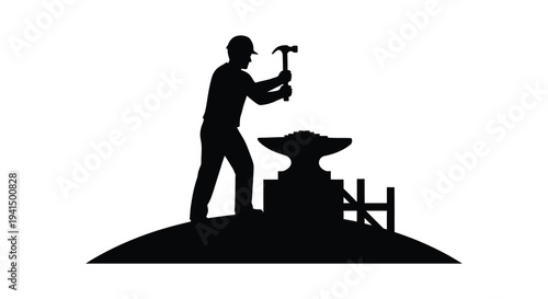 A construction worker stands atop a hill holding a hammer near stacked stones a distinct silhouette high quality professional detailed modern