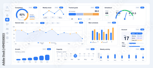 Clean minimal analytics dashboard interface with progress charts, schedule widgets, activity graphs, gauges, and business tracking panels in a modern light blue UI layout.