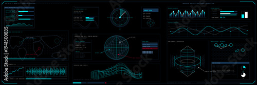 A futuristic digital heads-up display dashboard featuring complex