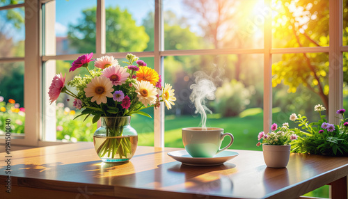 Window light cafe, spring. steaming cup of coffee sits on wooden table beside vibrant bouquet of flowers, with sunlight streaming through window