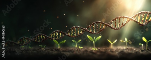Glowing DNA double helix structure hovering over small green plant seedlings emerging from soil