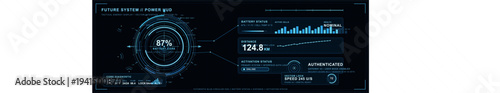 Futuristic blue digital HUD interface on a black background featuring