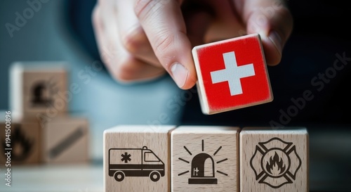 Emergency services concept hand placing wooden block with medical cross above ambulance fire department and siren icons for urgent rescue and healthcare assistance