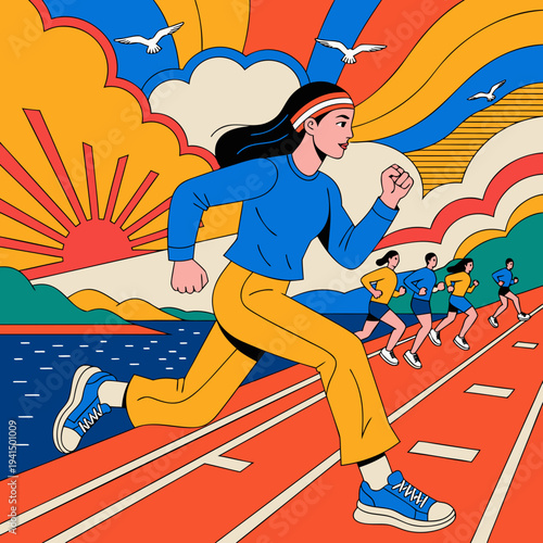 A woman leads a group of runners on a scenic track at sunrise