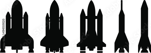 rocket and space shuttle silhouettes set, space launch vehicle collection, astronautics transport icons for aerospace technology design