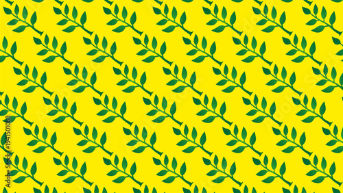 Repeating diagonal pattern of green leafy branches on a vibrant yellow background, creating a cheerful and natural design.