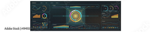A futuristic digital dashboard featuring various circular and linear