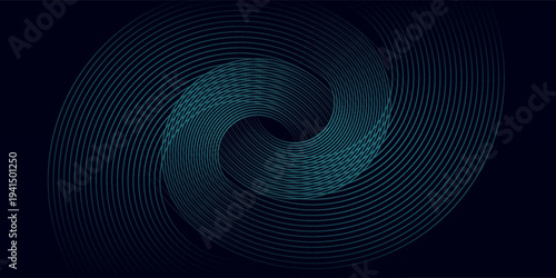 Blue abstract background with glowing circles. Swirl circular lines pattern. Geometric spiral. Twirl element. Modern graphic design. Futuristic technology concept.