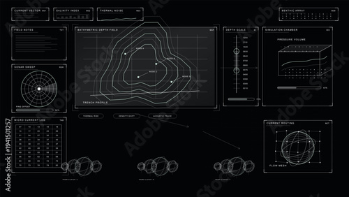 A futuristic oceanographic data dashboard featuring a bathymetric