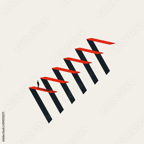 Minimalist Vector Concept of Silhouette Businessman Facing a Steep Abstract Red Career Ladder to Success. Business Minimal Illustration of Ambition, Growth, Opportunity