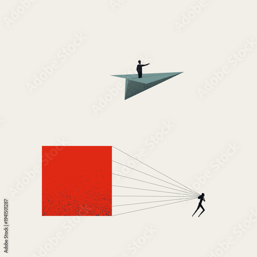 Minimalist Vector Concept of Gender Inequality as Woman Pulls Heavy Block While Man Flies Paper Plane. Business Minimal Illustration, Symbol of Discrimination.