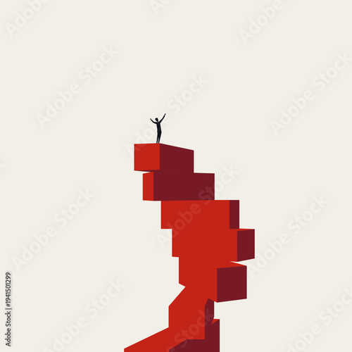 Minimalist Vector Concept of a Silhouette Businessman Celebrating Career Success Atop Giant Red Stairs. Business Minimal Eps10 Illustration. Symbol of Ambition, Growth.