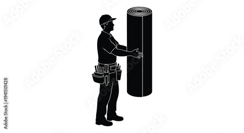 A worker carrying a rolled carpet on his shoulder depicted in a stark black and white silhouette high quality professional detailed
