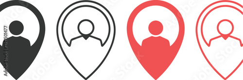 user location pin icon set, map marker with person symbol, gps navigation profile location icons for app interface