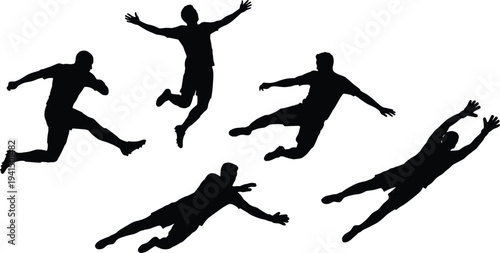 Jumping people silhouette, dynamic human motion, athletic energy illustration, airborne figure design, sports action artwork, expressive movement concept, modern graphic background, fitness icon