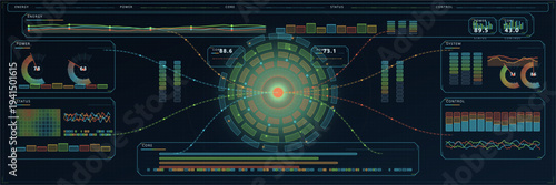Futuristic energy control dashboard with circular core interface, power gauges, system charts, status panels, and sci-fi telemetry display in a dark high-tech monitoring layout.