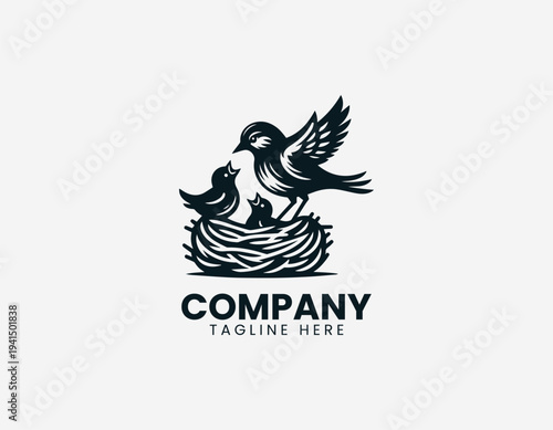 Parent bird feeding baby chicks in nest in clean modern wildlife vector illustration style