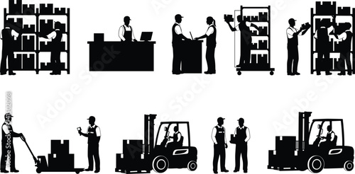 Collection of warehouse workers and forklift silhouettes handling boxes, logistics teamwork, cargo storage and distribution operations in industrial warehouse isolated on white background