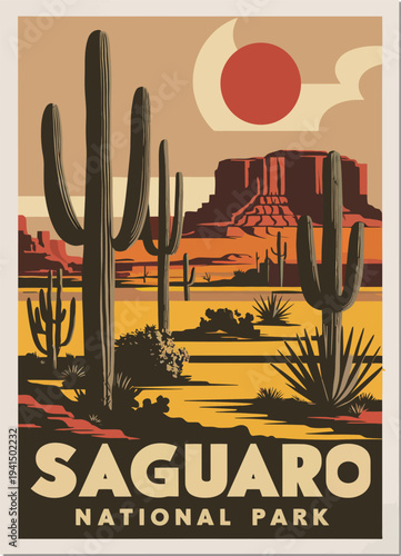 Saguaro National Park Poster, large beige SAGUARO NATIONAL PARK text at bottom, SAGUARO slightly larger than NATIONAL PARK