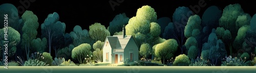 Small light colored house nestled in  dense lush green forest under  dark sky