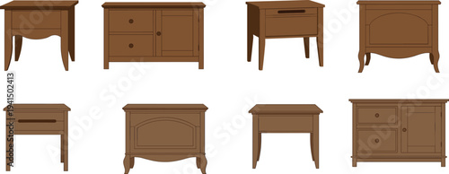 Collection of wooden bedside cabinets and nightstands furniture set, classic bedroom storage tables for home interior isolated on white background