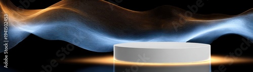 Minimalist white podium with glowing orange and blue abstract wave lines presentation stage