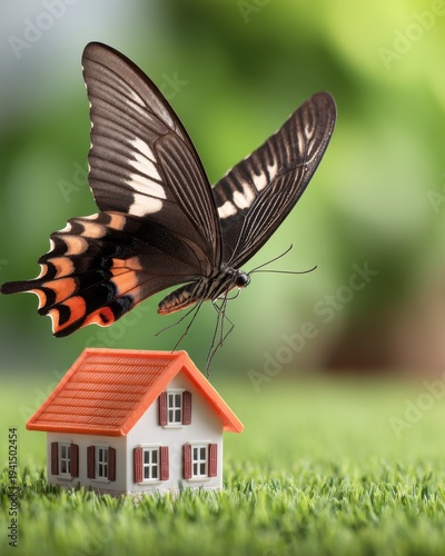 Large black and orange butterfly hovering over  miniature toy house on green grass