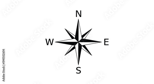 A classic compass rose graphic displays cardinal directions with bold lines and points creating a striking silhouette high quality professional detailed