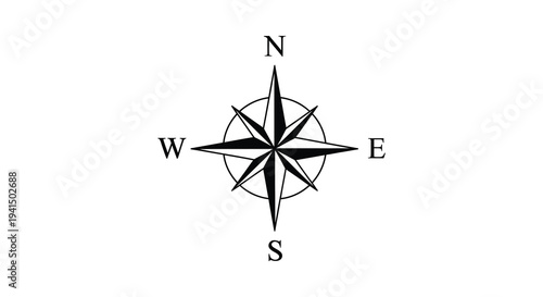 A classic compass rose displays cardinal directions with a bold black design offering navigational guidance silhouette high quality professional detailed